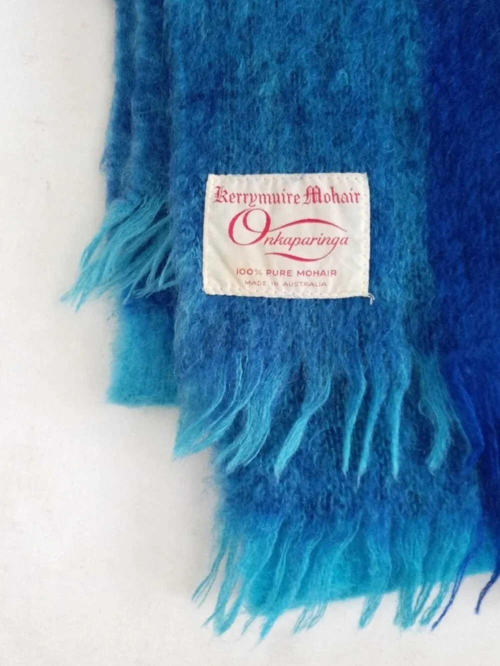 Onkaparinga vintage 1960s Australian 100% mohair blue plaid fringe end blanket